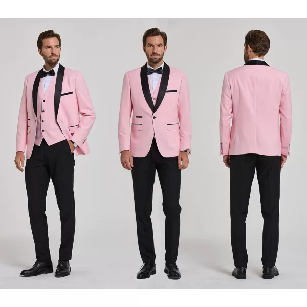 YND Mens 3 Piece Slim Fit Tuxedo Set One Button Shawl Collar Solid Jacket Vest Pants with Bow TieLight Pink