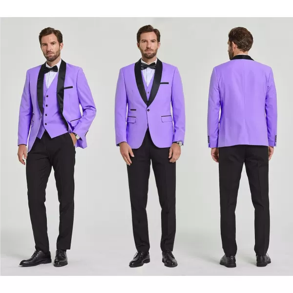 YND Mens 3 Piece Slim Fit Tuxedo Set One Button Shawl Collar Solid Jacket Vest Pants with Bow TieLight Purple