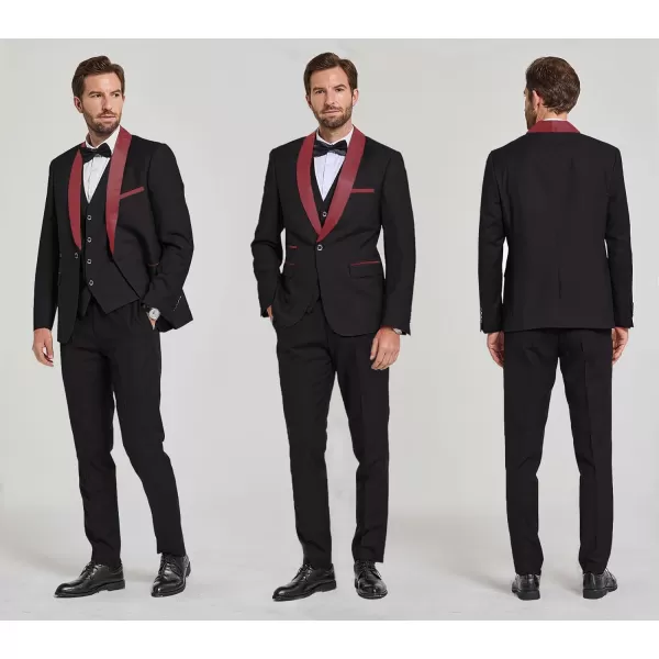 YND Mens 3 Piece Slim Fit Tuxedo Set One Button Shawl Collar Solid Jacket Vest Pants with Bow TieMaroon Collar Black