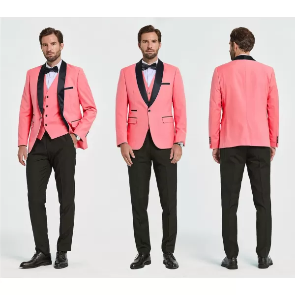 YND Mens 3 Piece Slim Fit Tuxedo Set One Button Shawl Collar Solid Jacket Vest Pants with Bow TiePink