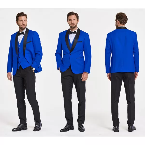 YND Mens 3 Piece Slim Fit Tuxedo Set One Button Shawl Collar Solid Jacket Vest Pants with Bow TieRoyal Blue