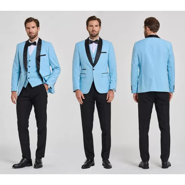 YND Mens 3 Piece Slim Fit Tuxedo Set One Button Shawl Collar Solid Jacket Vest Pants with Bow TieSky Blue