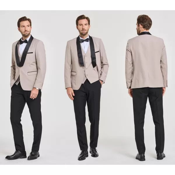 YND Mens 3 Piece Slim Fit Tuxedo Suit Set One Button Shawl Lapel Solid Blazer Jacket Vest Pants with Bow TieBeige