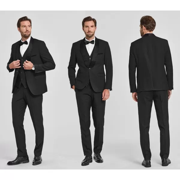 YND Mens 3 Piece Slim Fit Tuxedo Suit Set One Button Shawl Lapel Solid Blazer Jacket Vest Pants with Bow TieBlack