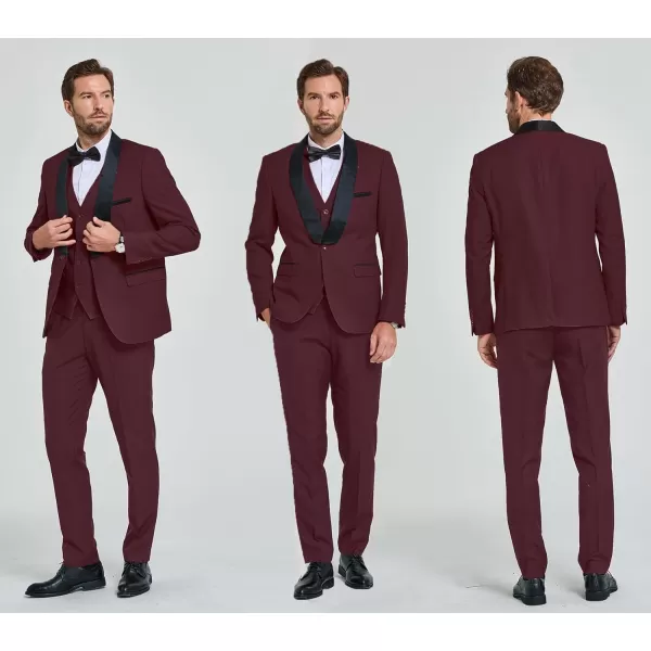 YND Mens 3 Piece Slim Fit Tuxedo Suit Set One Button Shawl Lapel Solid Blazer Jacket Vest Pants with Bow TieBurgundy