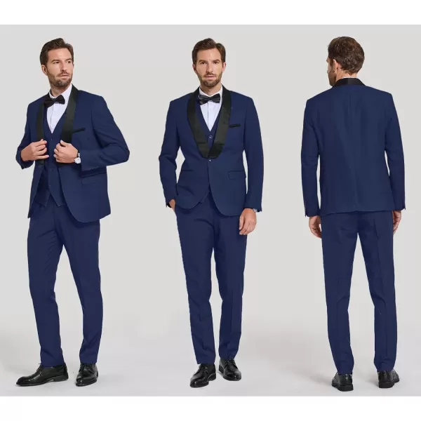 YND Mens 3 Piece Slim Fit Tuxedo Suit Set One Button Shawl Lapel Solid Blazer Jacket Vest Pants with Bow TieDeep Blue