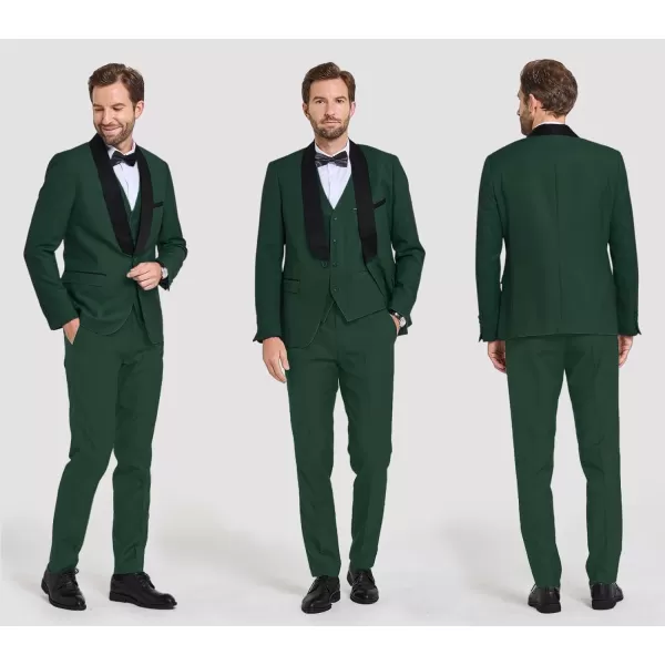 YND Mens 3 Piece Slim Fit Tuxedo Suit Set One Button Shawl Lapel Solid Blazer Jacket Vest Pants with Bow TieDeep Green