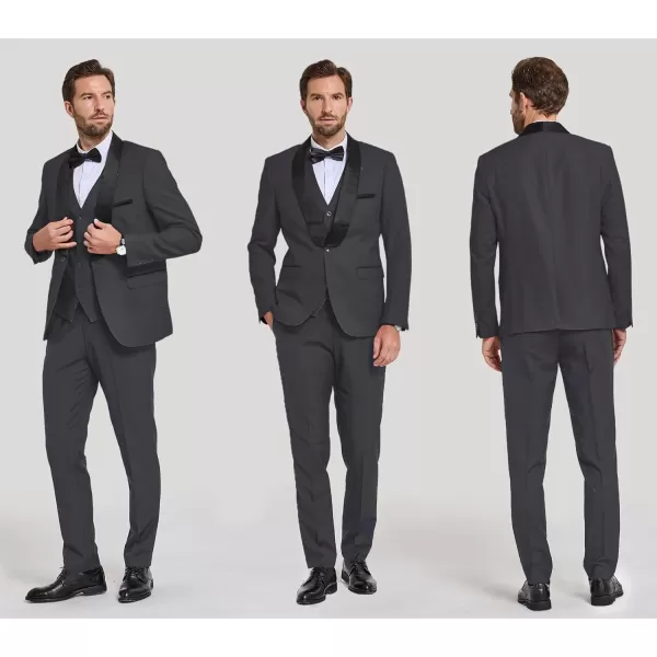 YND Mens 3 Piece Slim Fit Tuxedo Suit Set One Button Shawl Lapel Solid Blazer Jacket Vest Pants with Bow TieDeep Grey