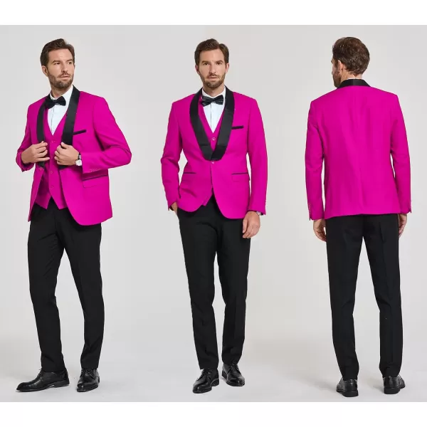 YND Mens 3 Piece Slim Fit Tuxedo Suit Set One Button Shawl Lapel Solid Blazer Jacket Vest Pants with Bow TieFuchsia