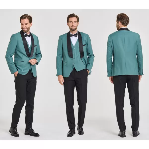 YND Mens 3 Piece Slim Fit Tuxedo Suit Set One Button Shawl Lapel Solid Blazer Jacket Vest Pants with Bow TieGreen