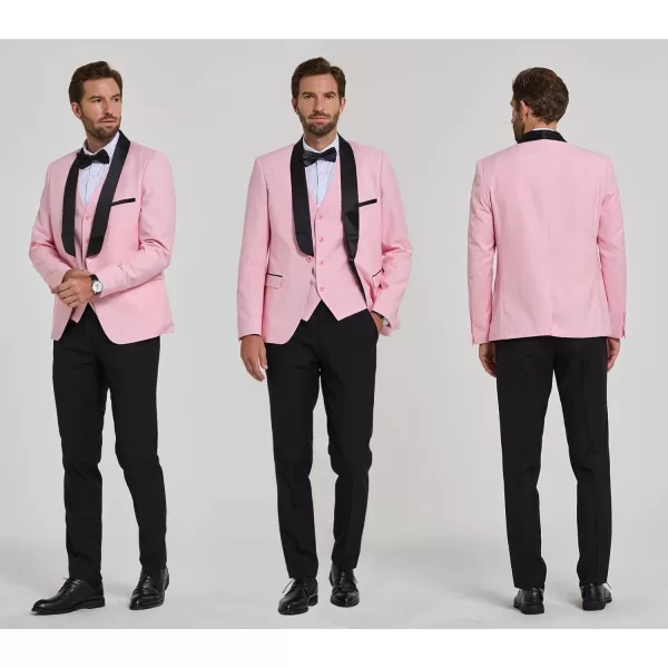 YND Mens 3 Piece Slim Fit Tuxedo Suit Set One Button Shawl Lapel Solid Blazer Jacket Vest Pants with Bow TieLight Pink