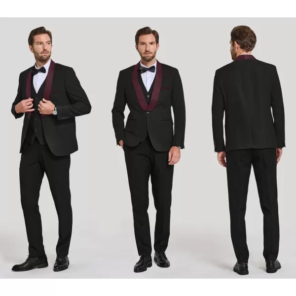 YND Mens 3 Piece Slim Fit Tuxedo Suit Set One Button Shawl Lapel Solid Blazer Jacket Vest Pants with Bow TieMaroon Collar Black