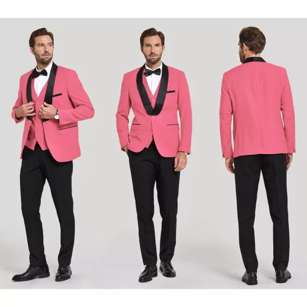 YND Mens 3 Piece Slim Fit Tuxedo Suit Set One Button Shawl Lapel Solid Blazer Jacket Vest Pants with Bow TiePink