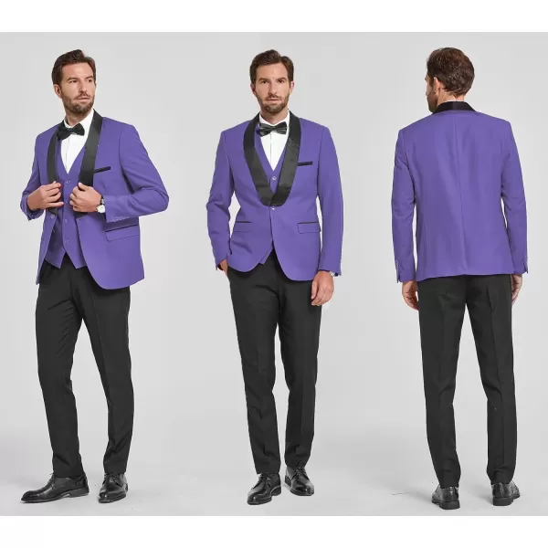 YND Mens 3 Piece Slim Fit Tuxedo Suit Set One Button Shawl Lapel Solid Blazer Jacket Vest Pants with Bow TiePurple