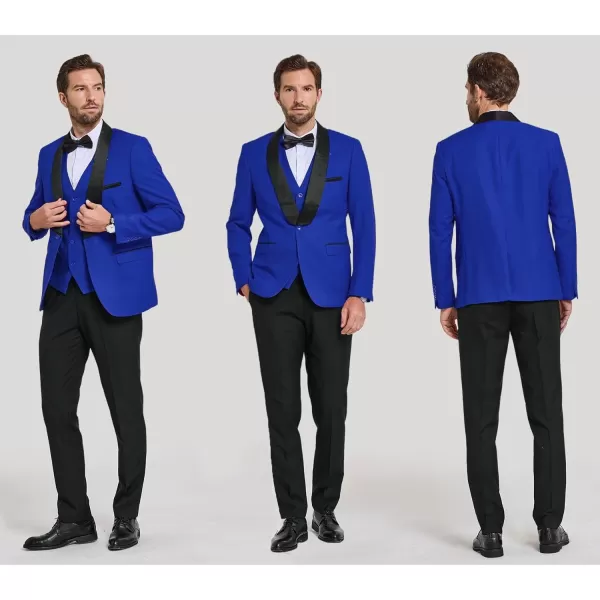 YND Mens 3 Piece Slim Fit Tuxedo Suit Set One Button Shawl Lapel Solid Blazer Jacket Vest Pants with Bow TieSapphire