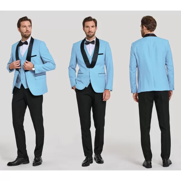 YND Mens 3 Piece Slim Fit Tuxedo Suit Set One Button Shawl Lapel Solid Blazer Jacket Vest Pants with Bow TieSky Blue