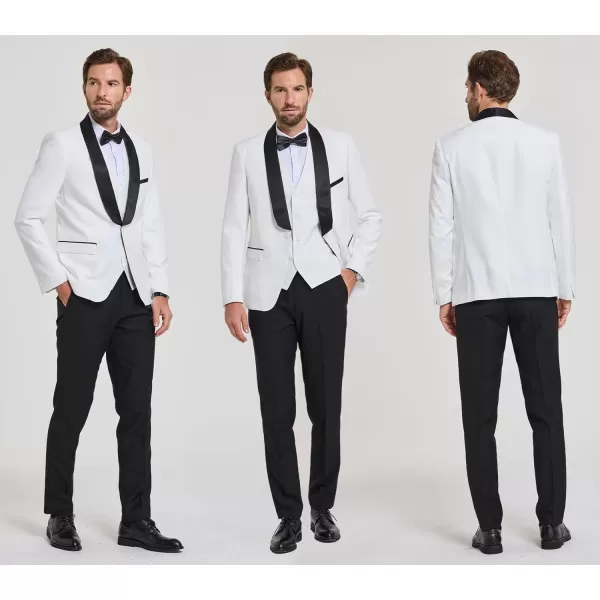 YND Mens 3 Piece Slim Fit Tuxedo Suit Set One Button Shawl Lapel Solid Blazer Jacket Vest Pants with Bow TieWhite