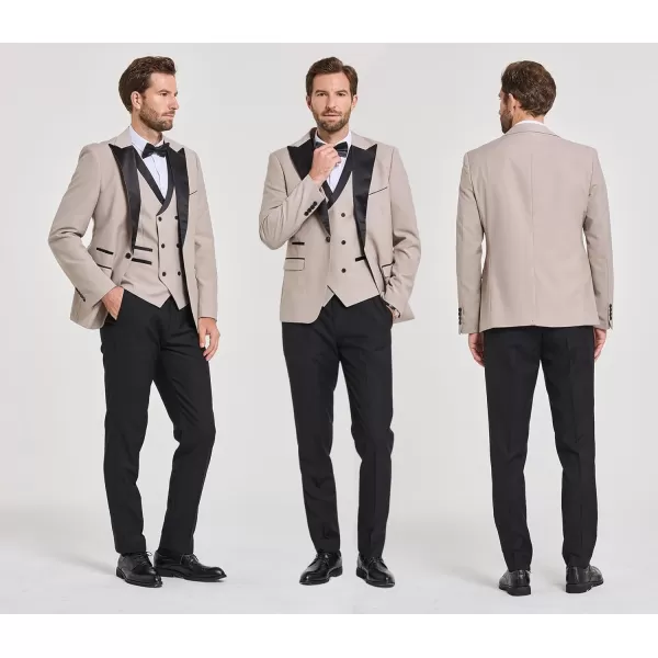 YND Mens 3 Piece Slim Fit Wedding Tuxedo Set Peak Lapel One Button Suit Jacket Double Breasted Vest Pants with Bow TieBeige