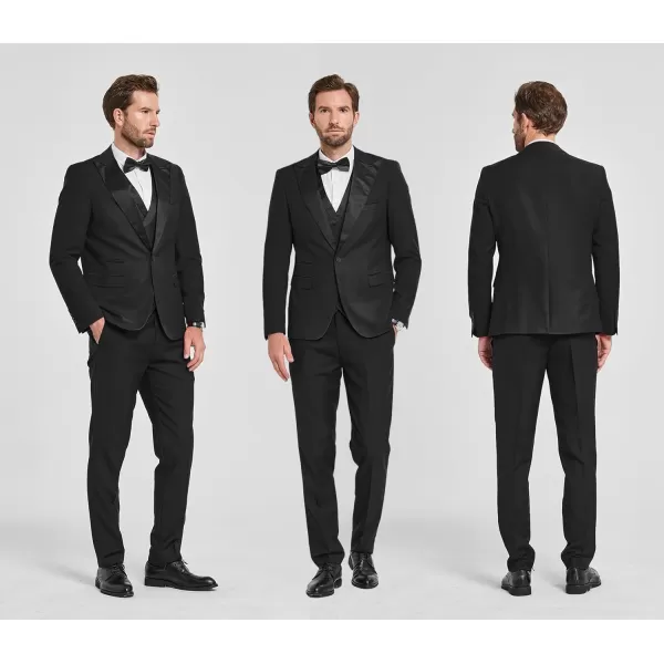 YND Mens 3 Piece Slim Fit Wedding Tuxedo Set Peak Lapel One Button Suit Jacket Double Breasted Vest Pants with Bow TieBlack