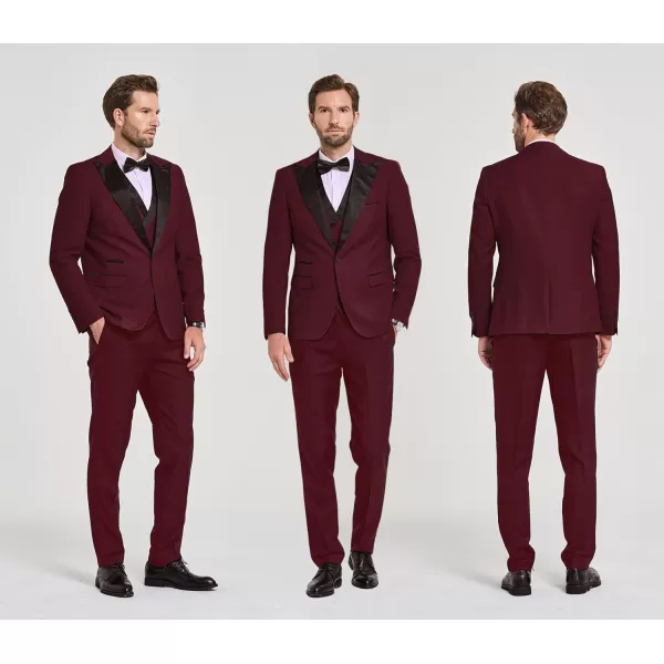 YND Mens 3 Piece Slim Fit Wedding Tuxedo Set Peak Lapel One Button Suit Jacket Double Breasted Vest Pants with Bow TieBurgundy