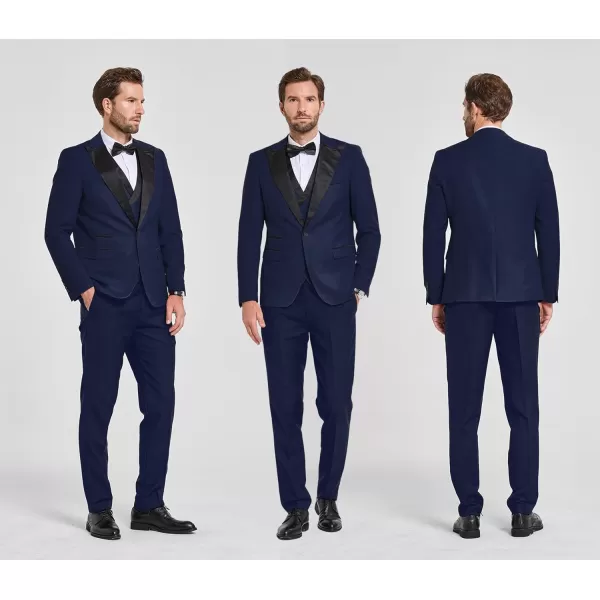 YND Mens 3 Piece Slim Fit Wedding Tuxedo Set Peak Lapel One Button Suit Jacket Double Breasted Vest Pants with Bow TieDeep Blue