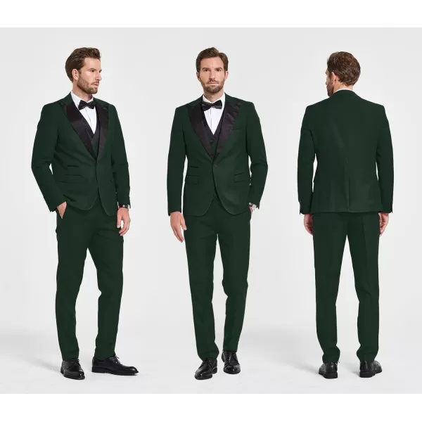 YND Mens 3 Piece Slim Fit Wedding Tuxedo Set Peak Lapel One Button Suit Jacket Double Breasted Vest Pants with Bow TieDeep Green