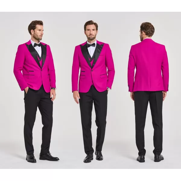 YND Mens 3 Piece Slim Fit Wedding Tuxedo Set Peak Lapel One Button Suit Jacket Double Breasted Vest Pants with Bow TieFuchsia