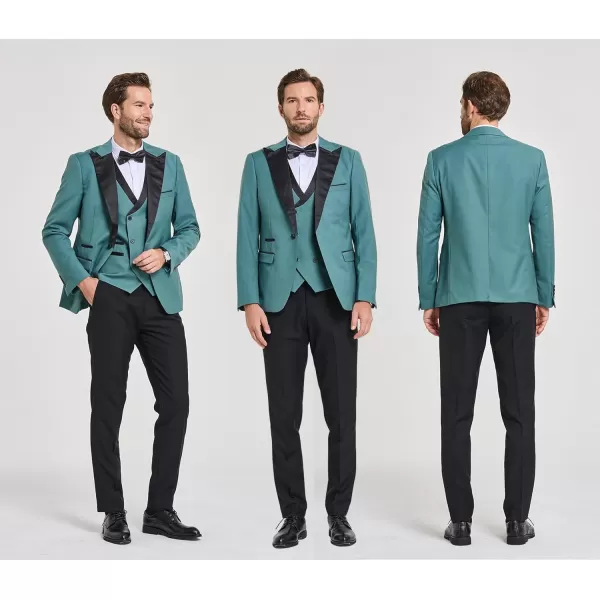 YND Mens 3 Piece Slim Fit Wedding Tuxedo Set Peak Lapel One Button Suit Jacket Double Breasted Vest Pants with Bow TieGreen