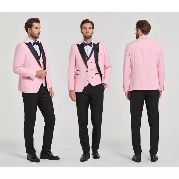 YND Mens 3 Piece Slim Fit Wedding Tuxedo Set Peak Lapel One Button Suit Jacket Double Breasted Vest Pants with Bow TieLight Pink