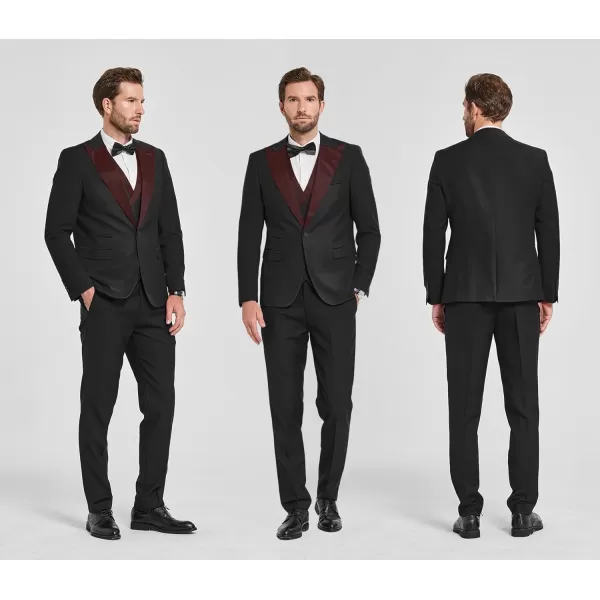 YND Mens 3 Piece Slim Fit Wedding Tuxedo Set Peak Lapel One Button Suit Jacket Double Breasted Vest Pants with Bow TieMaroon Collar Black