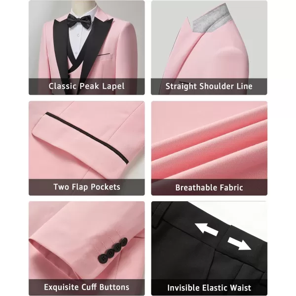 YND Mens 3 Piece Slim Fit Wedding Tuxedo Set Peak Lapel One Button Suit Jacket Double Breasted Vest Pants with Bow TiePink