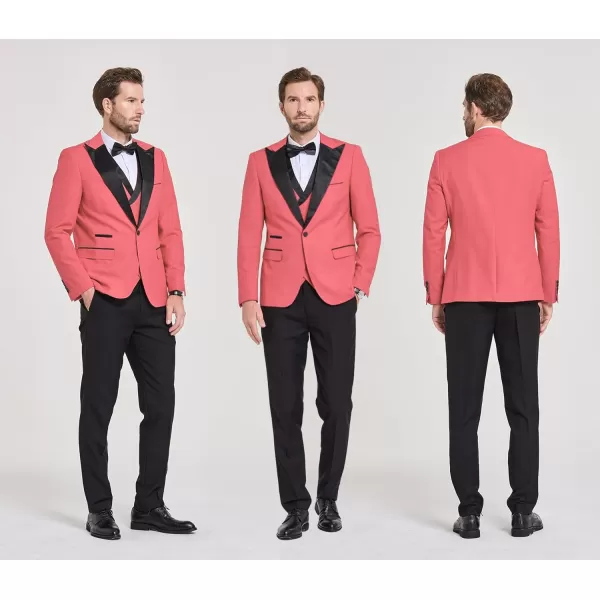 YND Mens 3 Piece Slim Fit Wedding Tuxedo Set Peak Lapel One Button Suit Jacket Double Breasted Vest Pants with Bow TiePink