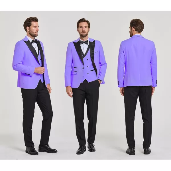 YND Mens 3 Piece Slim Fit Wedding Tuxedo Set Peak Lapel One Button Suit Jacket Double Breasted Vest Pants with Bow TiePurple