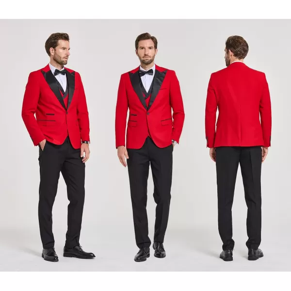 YND Mens 3 Piece Slim Fit Wedding Tuxedo Set Peak Lapel One Button Suit Jacket Double Breasted Vest Pants with Bow TieRed