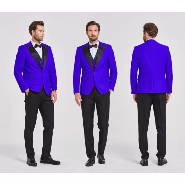 YND Mens 3 Piece Slim Fit Wedding Tuxedo Set Peak Lapel One Button Suit Jacket Double Breasted Vest Pants with Bow TieSapphire