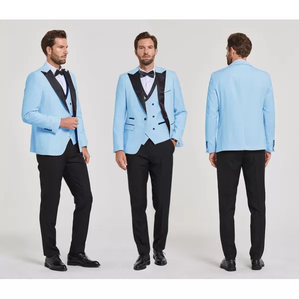 YND Mens 3 Piece Slim Fit Wedding Tuxedo Set Peak Lapel One Button Suit Jacket Double Breasted Vest Pants with Bow TieSky Blue