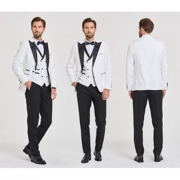 YND Mens 3 Piece Slim Fit Wedding Tuxedo Set Peak Lapel One Button Suit Jacket Double Breasted Vest Pants with Bow TieWhite