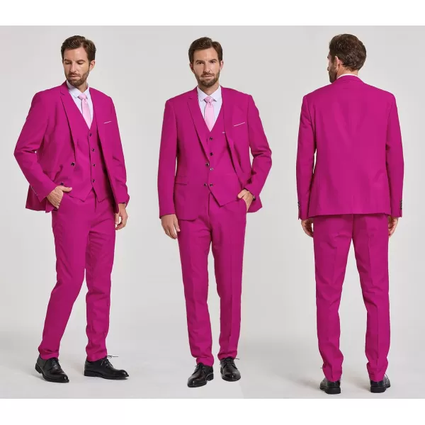 YND Mens Slim Fit 2 Button 3 Piece Suit Set Solid Blazer Jacket Vest Pants amp TieFuchsia