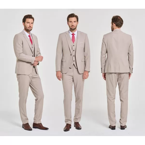 YND Mens Slim Fit 3 Piece Suit One Button Solid Jacket Vest Pants Set with TieBeige