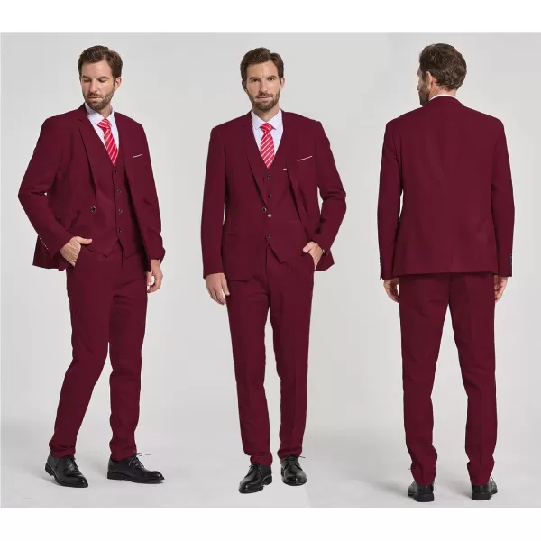 YND Mens Slim Fit 3 Piece Suit One Button Solid Jacket Vest Pants Set with TieBurgundy