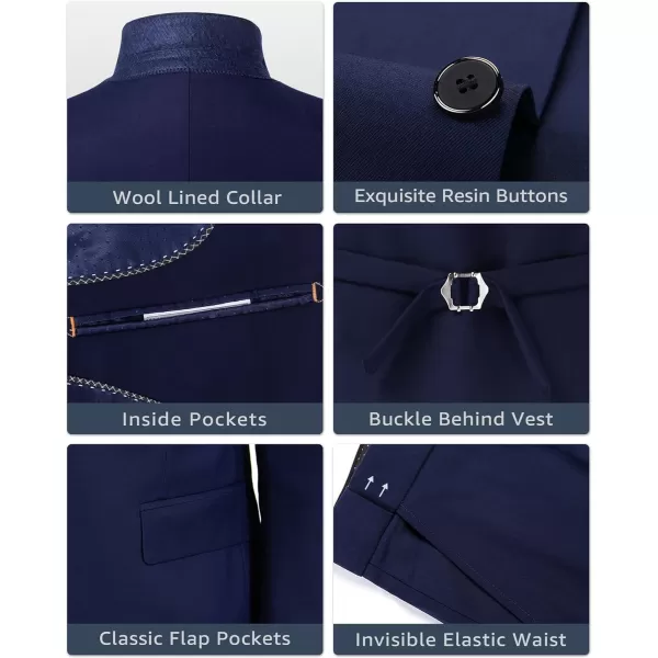 YND Mens Slim Fit 3 Piece Suit One Button Solid Jacket Vest Pants Set with TieDeep Blue