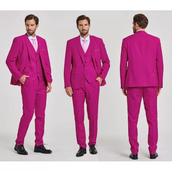 YND Mens Slim Fit 3 Piece Suit One Button Solid Jacket Vest Pants Set with TieFuchsia