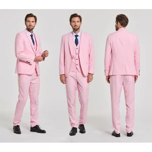 YND Mens Slim Fit 3 Piece Suit One Button Solid Jacket Vest Pants Set with TieLight Pink