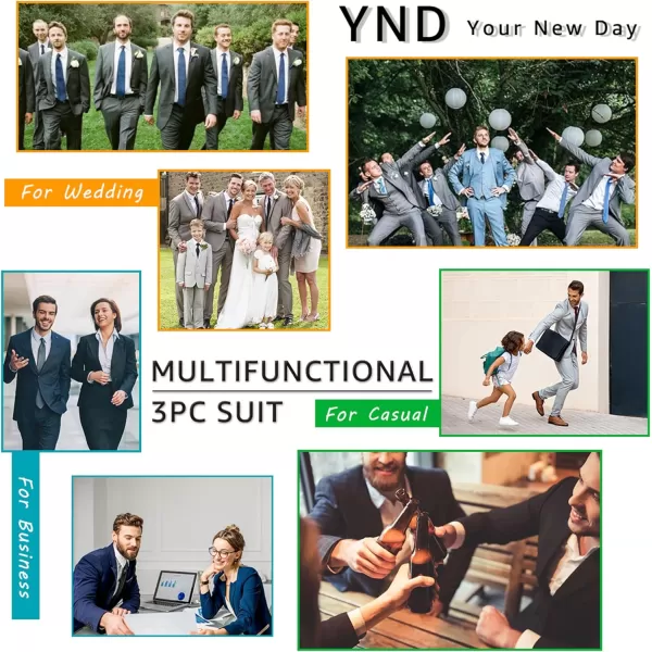 YND Mens Slim Fit 3 Piece Suit Set One Button Solid Blazer Vest Pants with TieWhite