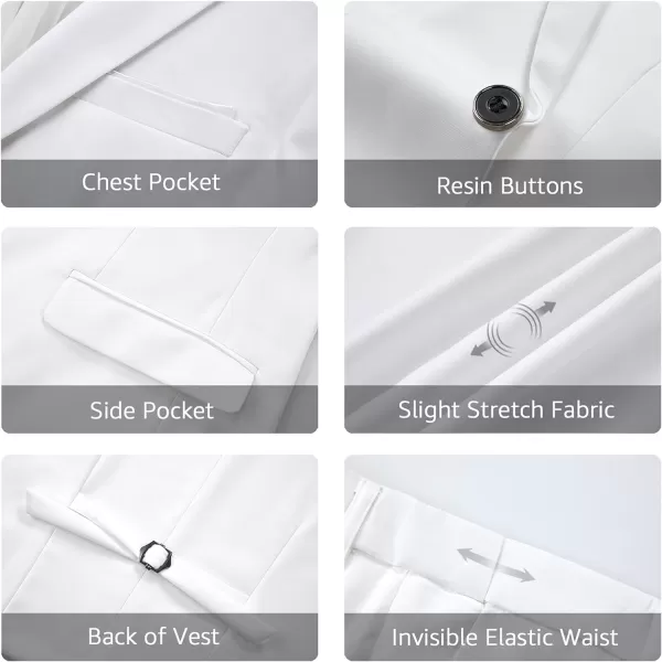 YND Mens Slim Fit 3 Piece Suit Set One Button Solid Blazer Vest Pants with TieWhite