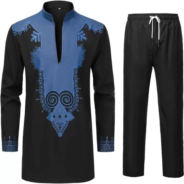 YND Mens 2 Piece Set African Dashiki Shirt and Pants Outfit with Gold PrintBlack With Blue