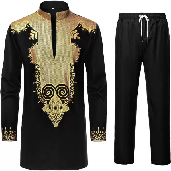 YND Mens 2 Piece Set African Dashiki Shirt and Pants Outfit with Gold PrintBlack With Gold