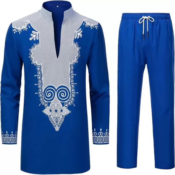 YND Mens 2 Piece Set African Dashiki Shirt and Pants Outfit with Gold PrintBlue With White