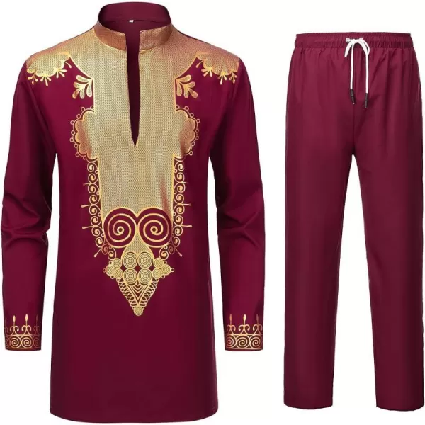 YND Mens 2 Piece Set African Dashiki Shirt and Pants Outfit with Gold PrintBurgundy With Gold