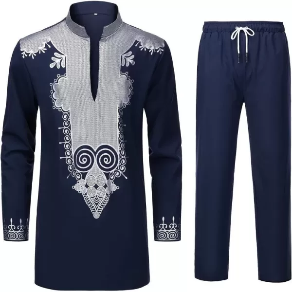 YND Mens 2 Piece Set African Dashiki Shirt and Pants Outfit with Gold PrintNavy With Silver